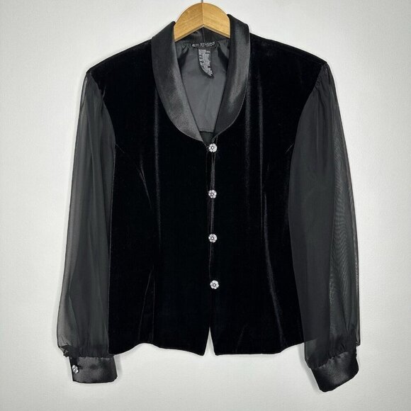 Vtg Bay Studio Velvet Jacket Petite XL Sheer Sleeve Rhinestone Button Evening - Picture 1 of 11